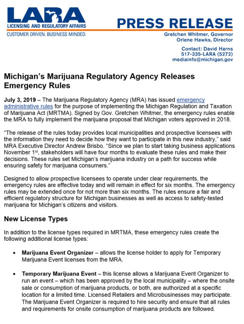 Marijuana Regulatory Agency Releases Emergency Administrative Rules for Adult-Use Cannabis Businesses